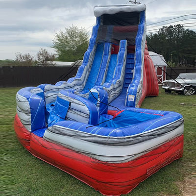 Slide de água de cauda dobrável vermelho e azul inflável com slide de ar de piscina Logotipo personalizado