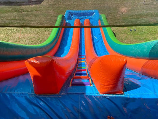 Capacidade máxima 100-500 kg Parque aquático inflável de duas pistas com piscina e escorrega de palmeiras