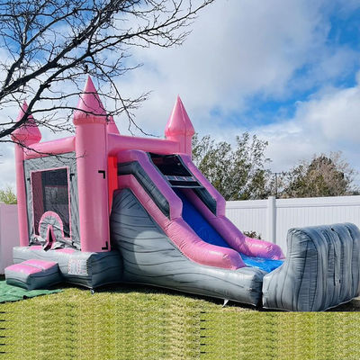 Castelo Infantil Rosa e Cinzento Casa Inflável Salto Salto Piscina Combo Aluguer de Festas