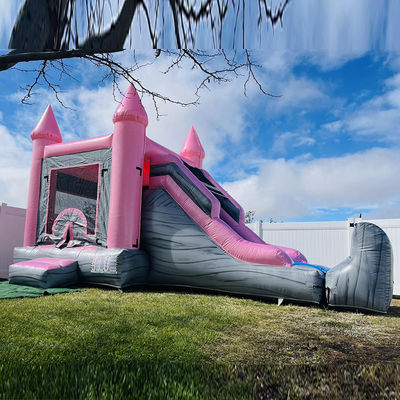 Castelo Infantil Rosa e Cinzento Casa Inflável Salto Salto Piscina Combo Aluguer de Festas