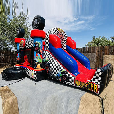 Unisex Red Monster Truck tema inflável casa de salto combo slide para crianças festa tempo