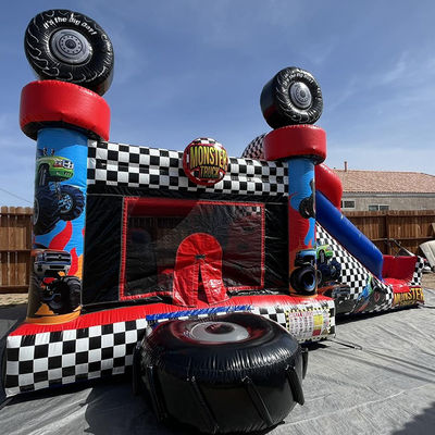 Unisex Red Monster Truck tema inflável casa de salto combo slide para crianças festa tempo