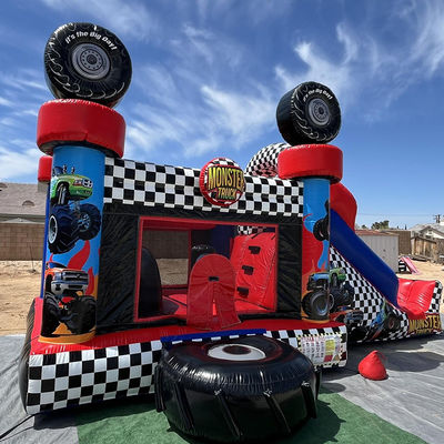 Unisex Red Monster Truck tema inflável casa de salto combo slide para crianças festa tempo