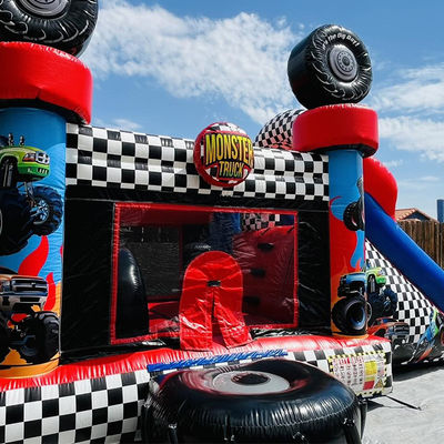 Unisex Red Monster Truck tema inflável casa de salto combo slide para crianças festa tempo