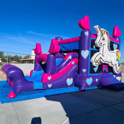 Kit de reparação fornecido Comércio PVC Rainbow Unicorn Casa de salto com escorrega e piscina