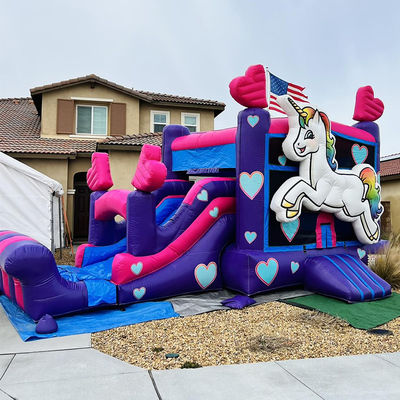 Kit de reparação fornecido Comércio PVC Rainbow Unicorn Casa de salto com escorrega e piscina