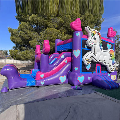 Kit de reparação fornecido Comércio PVC Rainbow Unicorn Casa de salto com escorrega e piscina