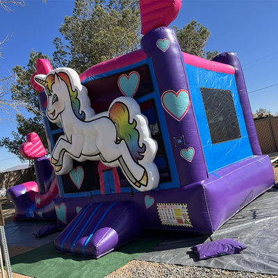 Kit de reparação fornecido Comércio PVC Rainbow Unicorn Casa de salto com escorrega e piscina