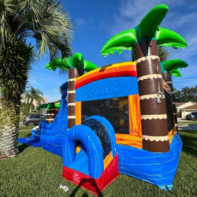 Jardim inflável para crianças Casa de salto com piscina e palmeira