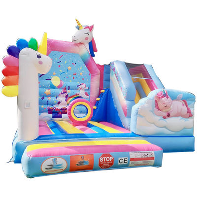 PVC comercial Jogos de trampolim para crianças Rainbow Unicorn Cidade inflável divertida com escorrega