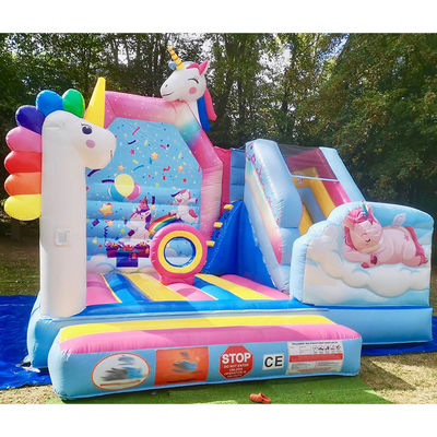PVC comercial Jogos de trampolim para crianças Rainbow Unicorn Cidade inflável divertida com escorrega
