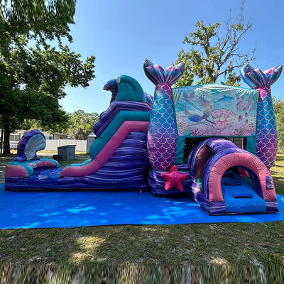 Castelo inflável com escorrega aquática e piscina