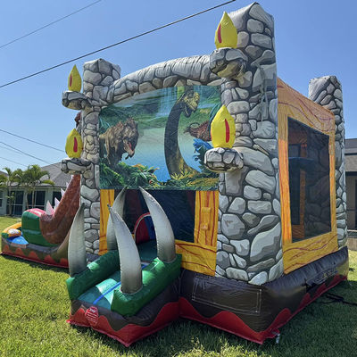 Aluguer de festas é obrigatório personalizar aceito Jurassic Dinossauro tema comercial PVC inflável casa de salto com escorrega