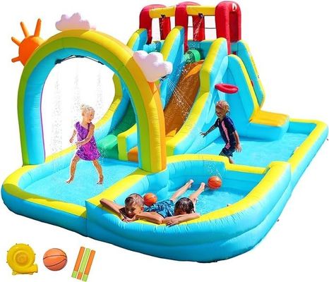 Rainbow Water Curtain and Rock Climbing Inflatable Water Double Slides Parque de jogos para crianças