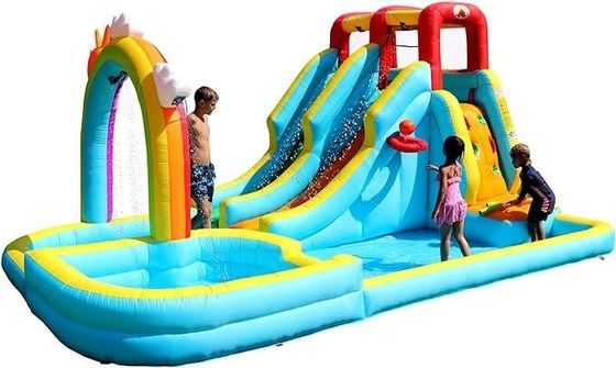 Rainbow Water Curtain and Rock Climbing Inflatable Water Double Slides Parque de jogos para crianças