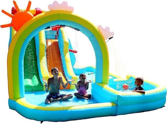 Rainbow Water Curtain and Rock Climbing Inflatable Water Double Slides Parque de jogos para crianças