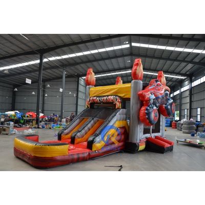 Combinação de piscina de escorrega seca inflável com escorrega de duas pistas e tema de corrida 3D OEM aceito