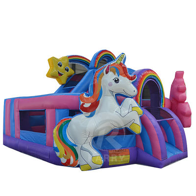 Outdoor Fun Commercial 0.55mm PVC Rainbow Unicorn Inflatable Bouncer com Slide Seco e Molhado
