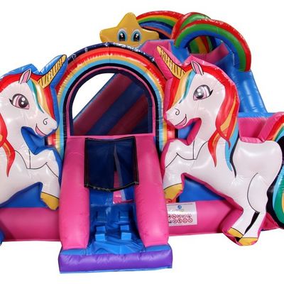 Rainbow Double Unicorn Air Trampoline Slide Inflatable Castle Combo H14ft para Eventos de Festa