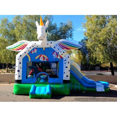 Commercial Rainbow Spotted Unicorn Inflatable Bouncy Castle Combo Slide Aceitável OEM