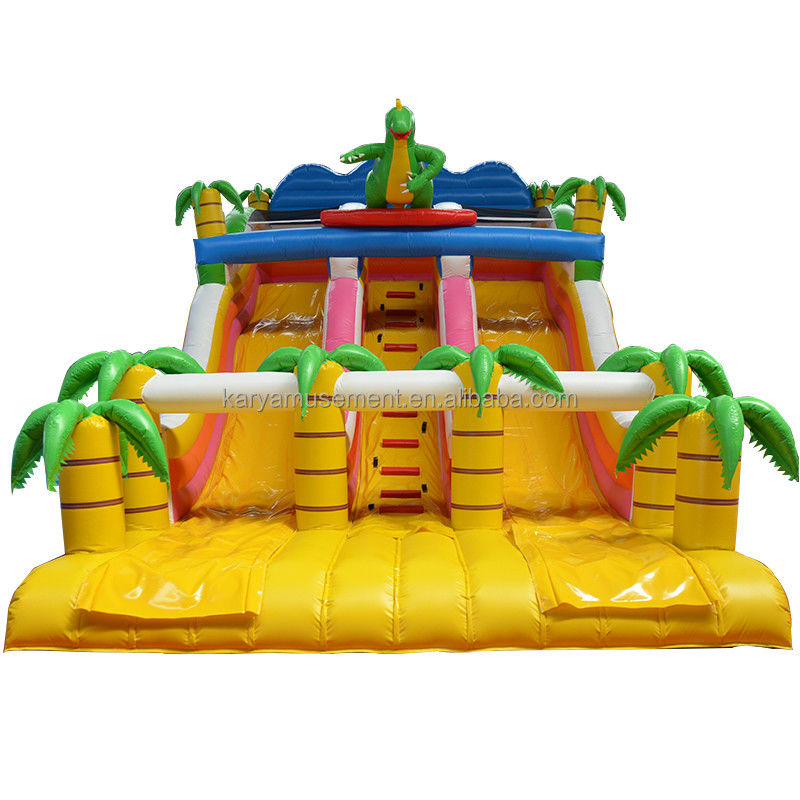 Jogos de parque ao ar livre 2 pistas Palmeira tropical PVC inflável Dinossauro Salto Salto Slide