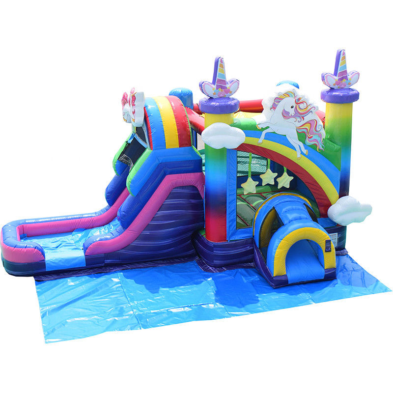 Brinquedos infláveis para crianças Rainbow Unicorn Trampoline Castle Inflatable Bounce House com Slide
