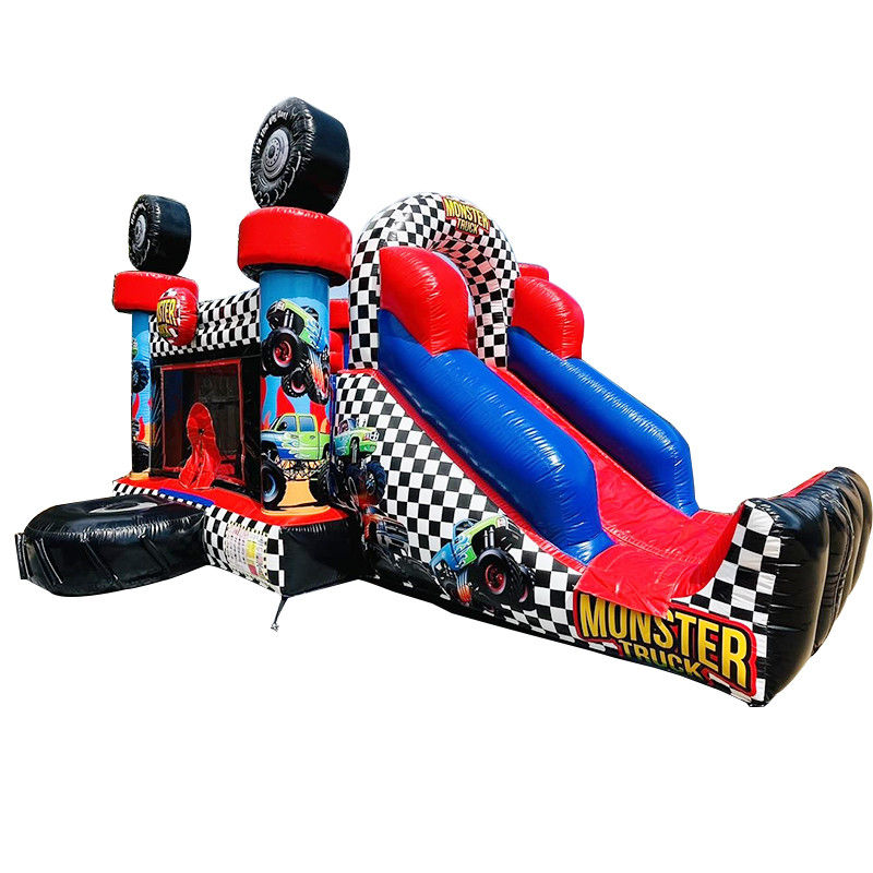 Unisex Red Monster Truck tema inflável casa de salto combo slide para crianças festa tempo
