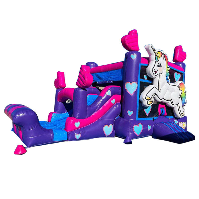 Kit de reparação fornecido Comércio PVC Rainbow Unicorn Casa de salto com escorrega e piscina