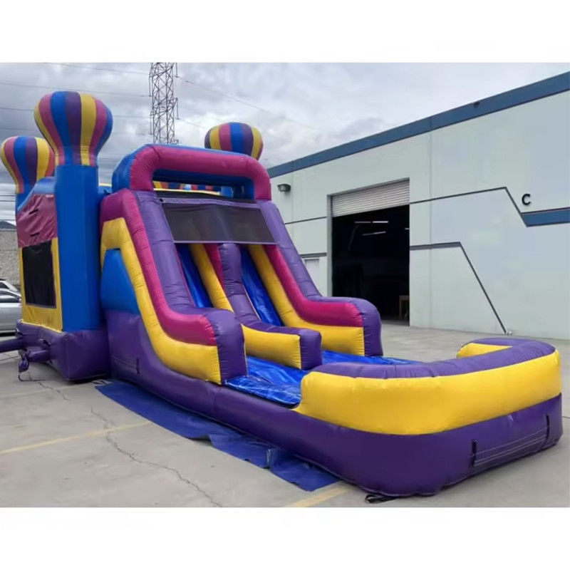 Slide inflável de duas pistas e castelo de salto para crianças Balão de ar quente rosa