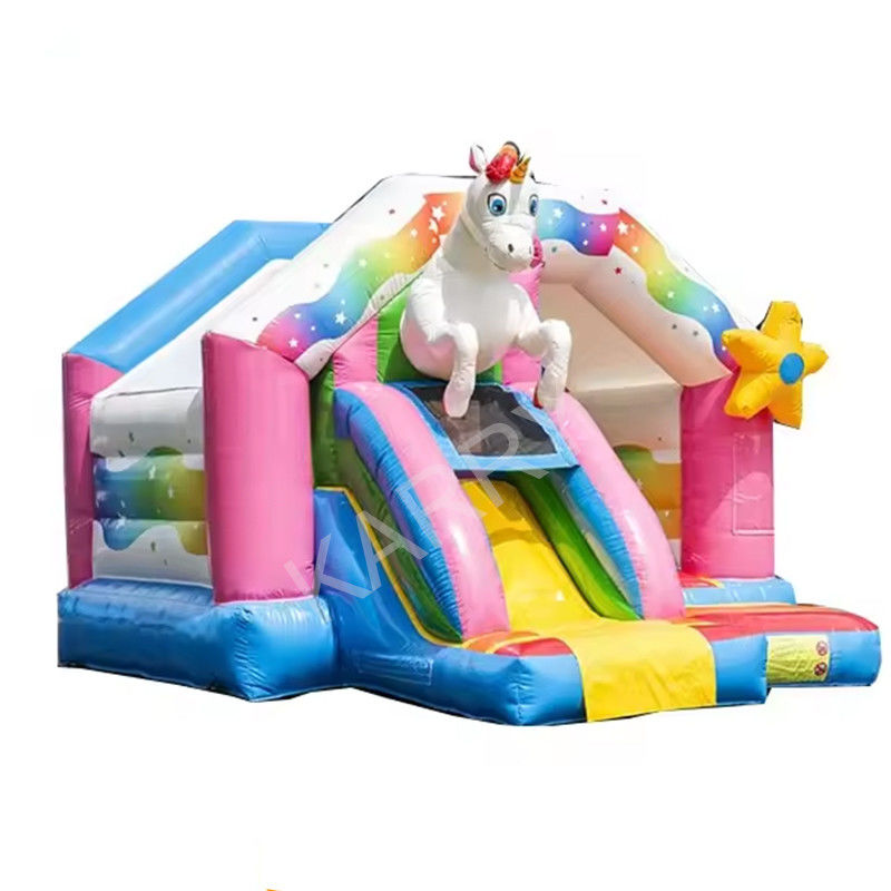Castelo há 14 anos popular Rainbow Unicorn Castelo de salto com slide combo