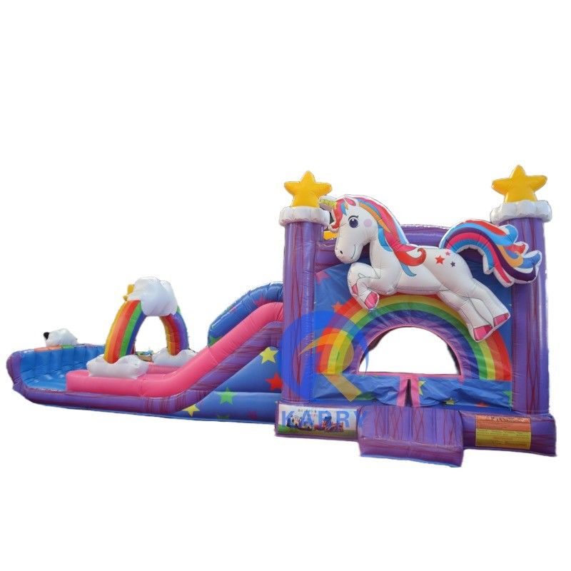 Impressão digital inflável Rainbow Unicorn Bouncy House Slide Combo para festa interior