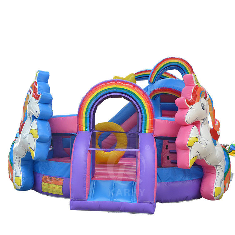 Outdoor Fun Commercial 0.55mm PVC Rainbow Unicorn Inflatable Bouncer com Slide Seco e Molhado
