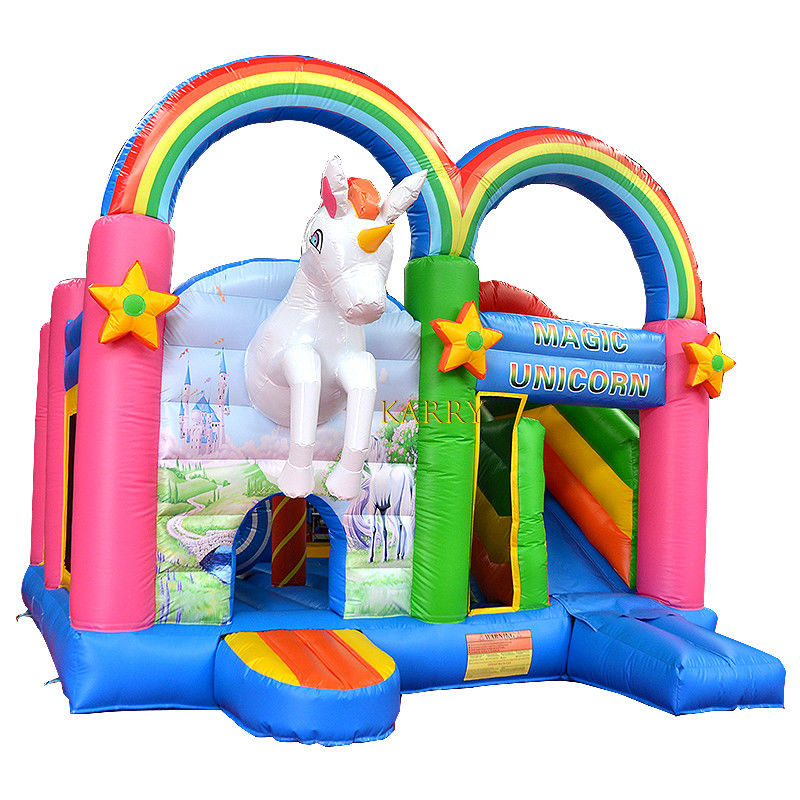 Unisexo Rainbow Unicorn Bouncer Castelo com Slide Commercial Kids Playhouse Inflável