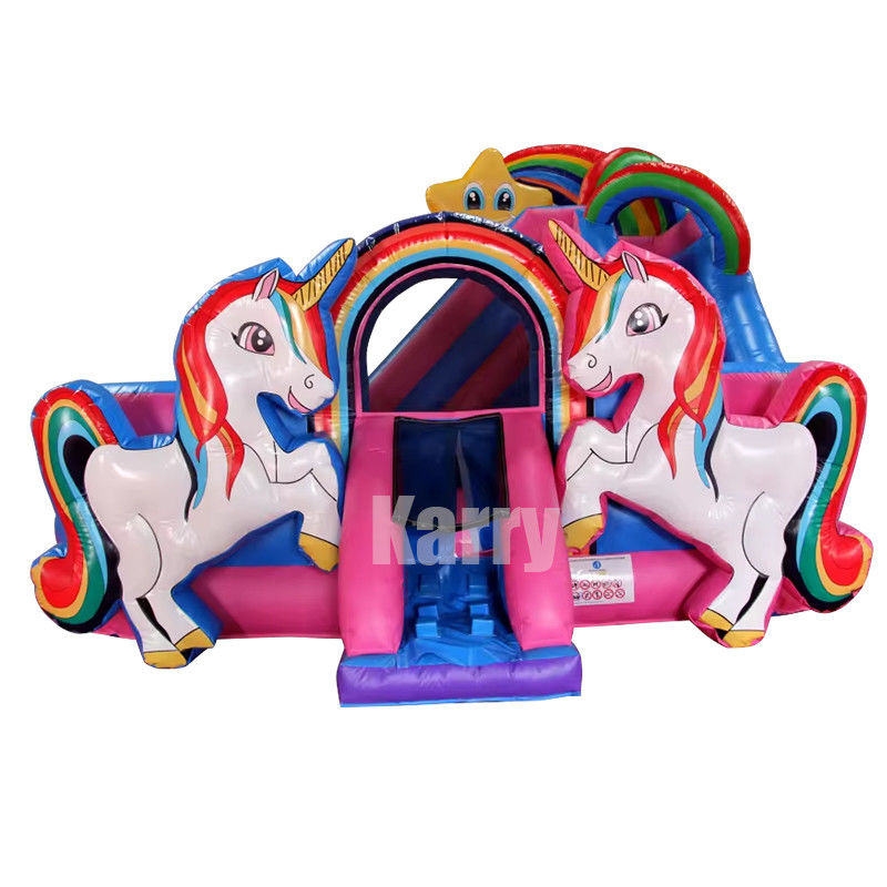 Rainbow Double Unicorn Air Trampoline Slide Inflatable Castle Combo H14ft para Eventos de Festa